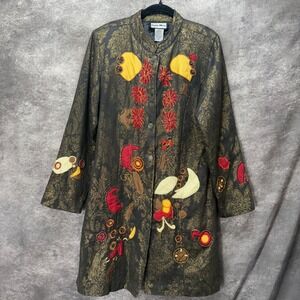 Indigo Moon Jacquard Art to Wear Beaded Jacket Coat Womens M Long Black Gold